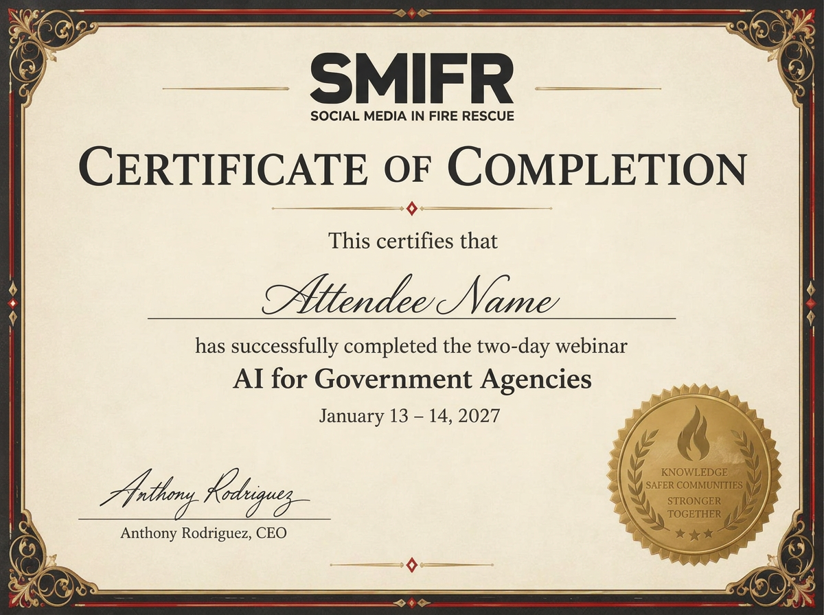 Sample SMIFR certificate of completion for the AI for Government Agencies webinar, signed by Anthony Rodriguez, CEO